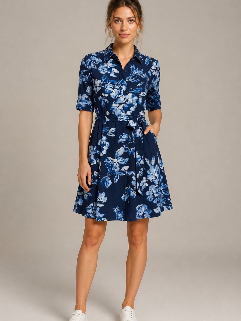 π£ Floral Print Cotton π Collared Short Sleeve Belted Shirt Dress SZ 4 π π π€ - Picture 3 of 14